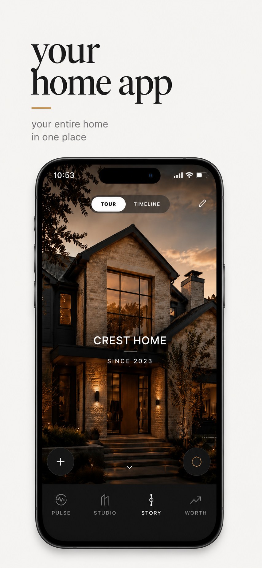 ROQ app Story tab showing a home's tour and timeline