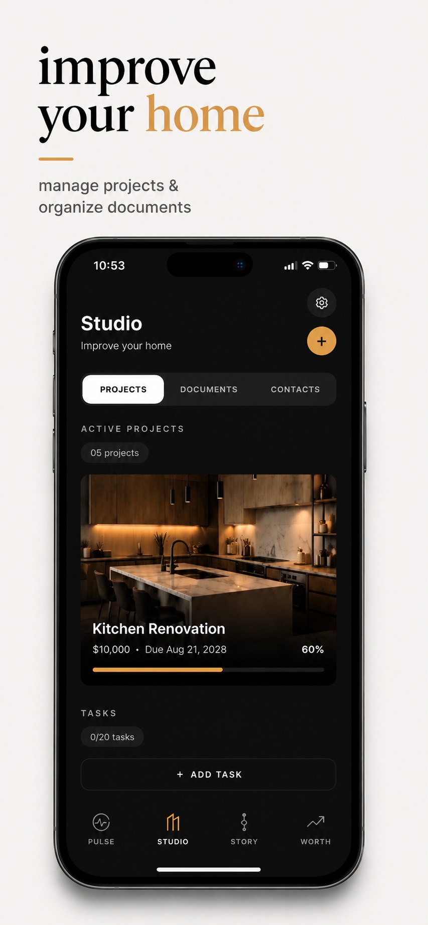 ROQ app Studio tab showing an active kitchen renovation project